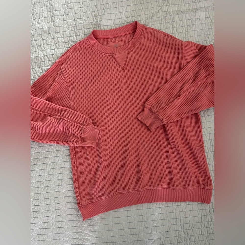 AERIE Waffle Knit Crewneck Sweater - Coral